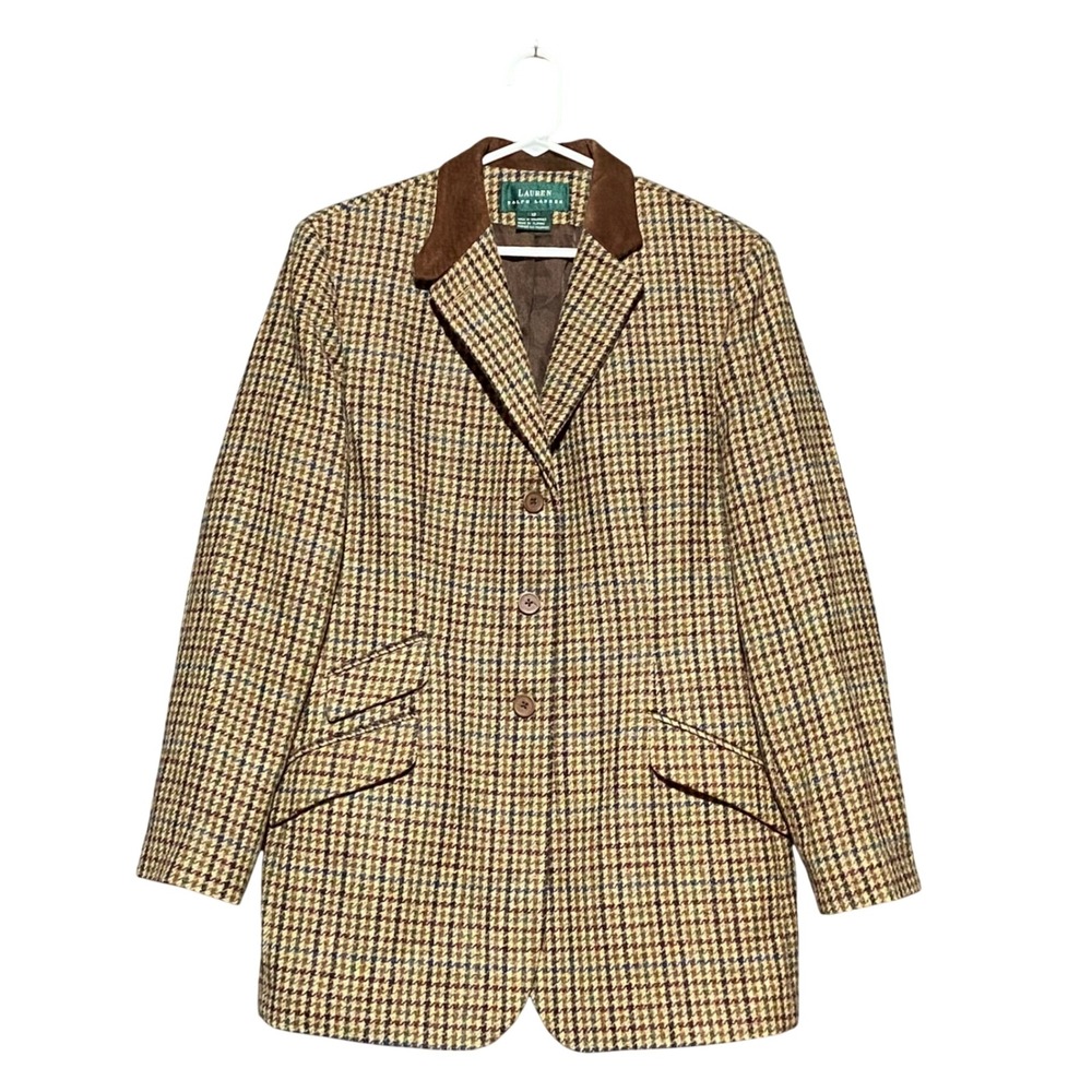 Lauren Ralph Lauren 100% Wool Houndstooth Blazer Brown Suede Collar 12 Old Money